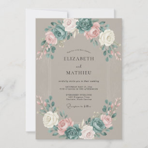 Gedämpfte Taupe-Pfingstrosen-Hochzeit Einladung