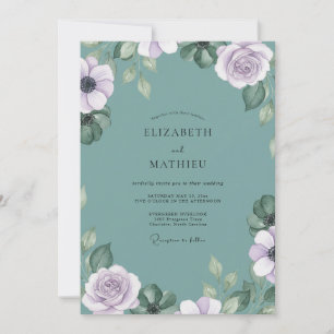 Gedämpfte Teal-Ranunculus-Eukalyptus-Hochzeit Einladung