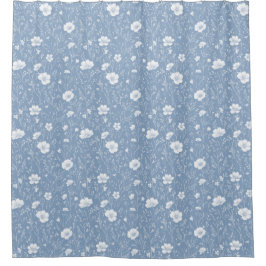 Gedämpftes Blau-Weiß-Wildblumenmuster Duschvorhang