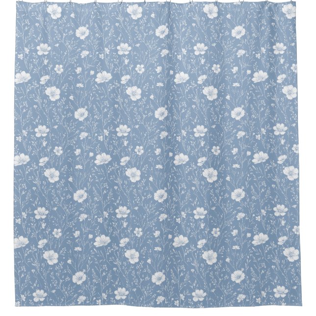 Gedämpftes Blau-Weiß-Wildblumenmuster Duschvorhang (Vorderseite)