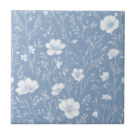 Gedämpftes Blau-Weiß-Wildblumenmuster Fliese