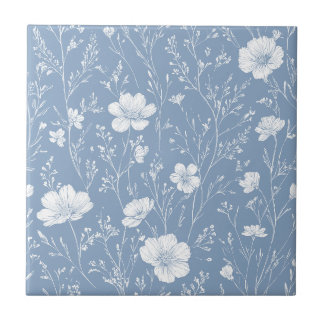 Gedämpftes Blau-Weiß-Wildblumenmuster Fliese