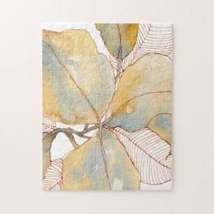 Gedämpftes Gold Blau Aquarell Botanische Blätter Puzzle