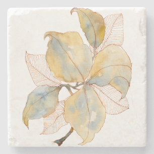 Gedämpftes Gold Blau Aquarell Botanische Blätter Steinuntersetzer