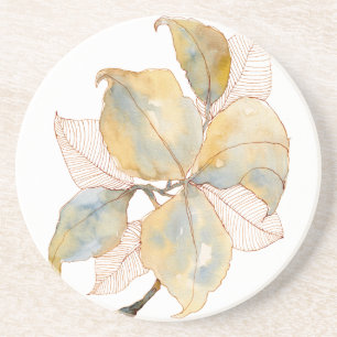 Gedämpftes Gold Blau Wasserfarbe Botanische Blätte Getränkeuntersetzer