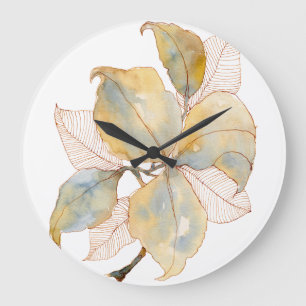 Gedämpftes Gold Blau Wasserfarbe Botanische Blätte Große Wanduhr