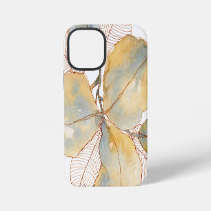 Gedämpftes Gold Blau Wasserfarbe Botanische Blätte iPhone 12 Mini Hülle