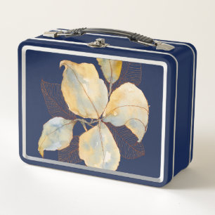 Gedämpftes Gold Blau Wasserfarbe Botanische Blätte Metall Brotdose