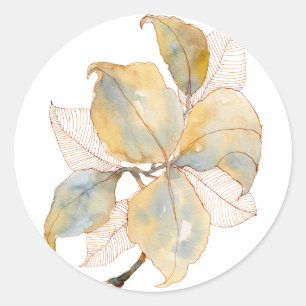 Gedämpftes Gold Blau Wasserfarbe Botanische Blätte Runder Aufkleber