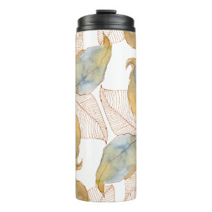 Gedämpftes Gold Blau Wasserfarbe Botanische Blätte Thermosbecher