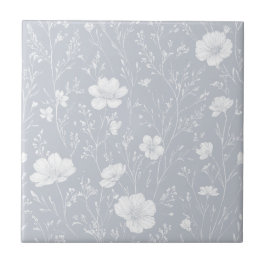 Gedämpftes Grau-Weiß-Wildblumenmuster Fliese
