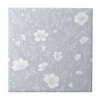 Gedämpftes Grau-Weiß-Wildblumenmuster Fliese