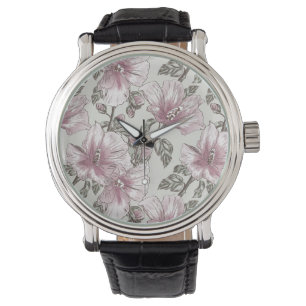 Gedämpftes rosa Hibiskus-Blumen-Muster Armbanduhr