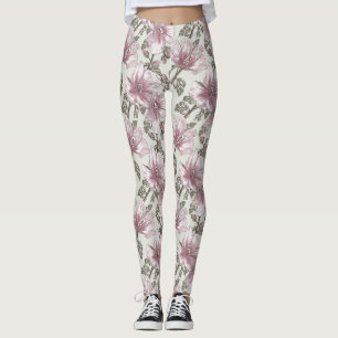 Gedämpftes rosa Hibiskus-Blumen-Muster Leggings