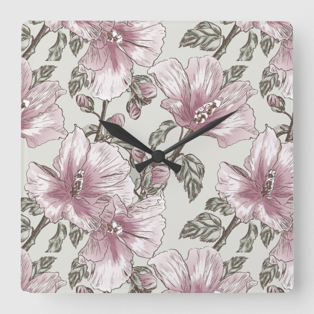 Gedämpftes rosa Hibiskus-Blumen-Muster Quadratische Wanduhr (Vorderseite)