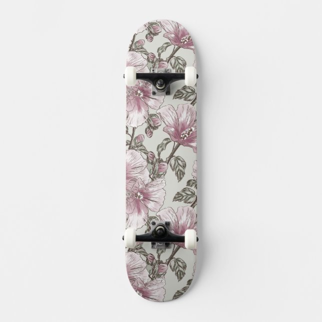 Gedämpftes rosa Hibiskus-Blumen-Muster Skateboard (Vorderseite)