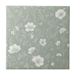 Gedämpftes Salbeigrün und weißes Wildblumenmuster Fliese