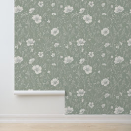 Gedämpftes Salbeigrün und weißes Wildblumenmuster Tapete