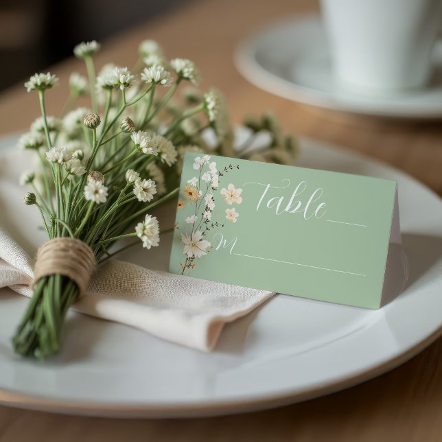 Gedeckte helle Seite Grüne Blüte Elegante Hochzeit Platzkarte (Light green wedding Place card with whimsical watercolor wildflowers)