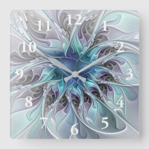 Gedeihende abstrakte moderne fraktale Blume mit Bl Quadratische Wanduhr