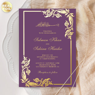 Gedeihende Florale Grenze Lila Islamische Hochzeit Folieneinladung