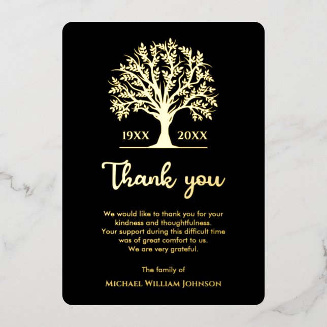 Gedenkbaum des Lebens Schwarz und Gold Folieneinladung (Vorderseite)
