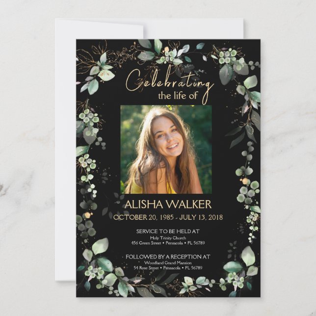 Gedenkdienst für Schwarz und Grüne Foliage-Fotos Einladung (Vorderseite)