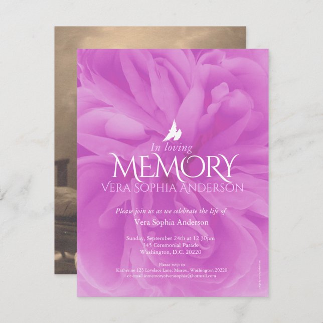 Gedenkdienst lila Rose Beerdigung Einladungen (Vorne/Hinten)