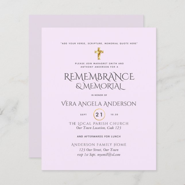 Gedenken an den HAUSHALT Gold Cross Einladung (Vorne/Hinten)