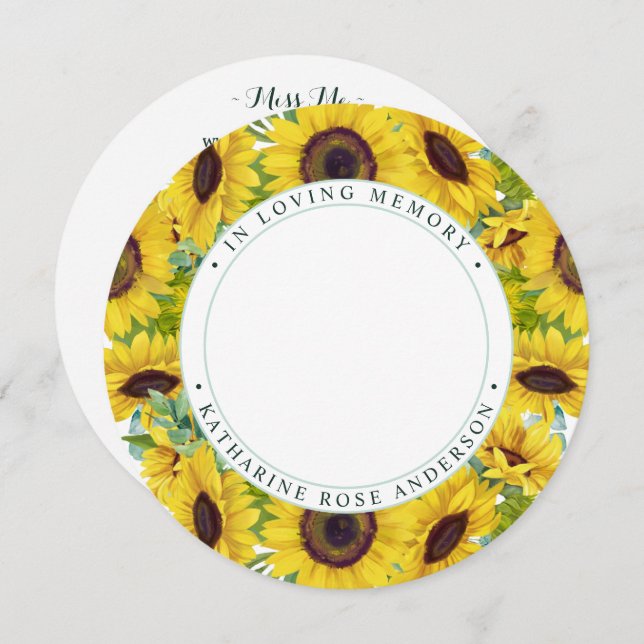 Gedenkfeier Beerdigungskarte Sonnenblumenblume Feiertagskarte (Vorne/Hinten)