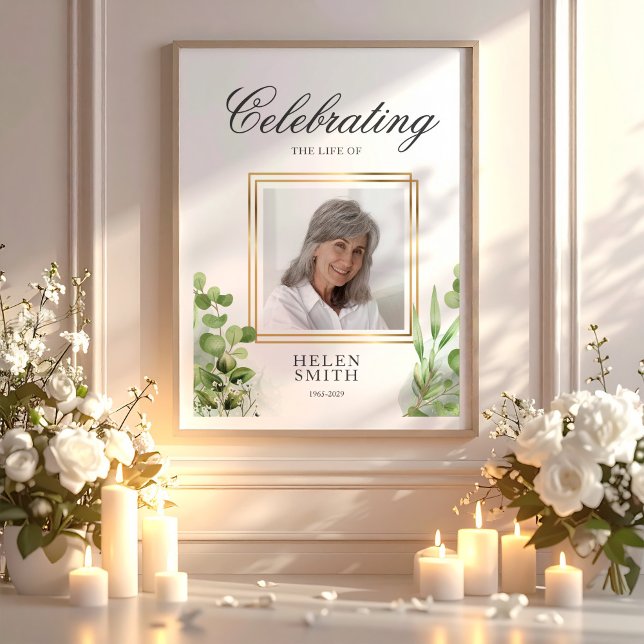 Gedenkfeier des Lebens Elegantes Grün Poster (Memorial Celebration of Life Elegant Greenery Poster, Loss Of Mom Gift, Loss Of Loved One)