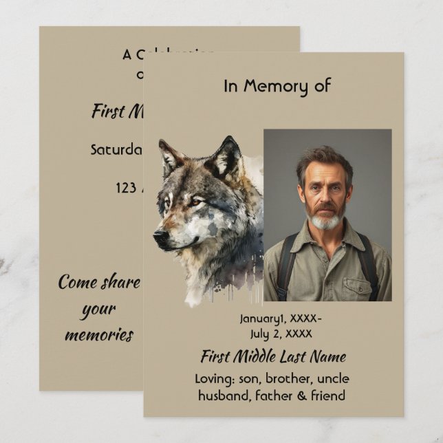 Gedenkfeier des Lebens Wolf Art Einladung (Vorne/Hinten)