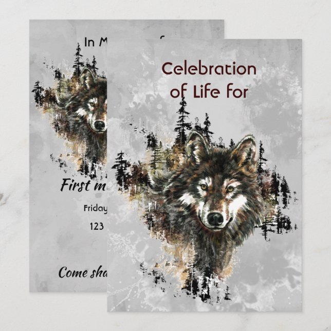 Gedenkfeier-Einladung Wolf Wölfe Tierkunst Einladung (Vorne/Hinten)