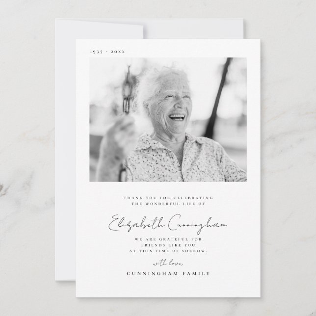 Gedenkfeier Elegantes Foto Dankeskarte (Vorderseite)