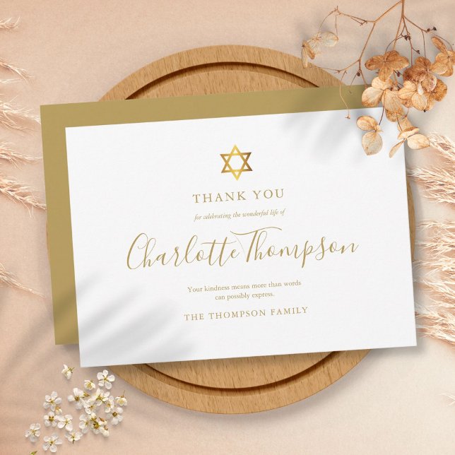 Gedenkfeier Gold Star von David Jewish Simple Dankeskarte (Memorial Funeral Gold Star of David Jewish Simple Thank You Card)