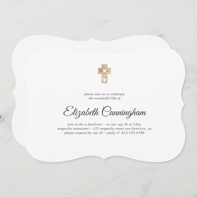 Gedenkfeier Modern mit Imitat-Gold-Kreuz Einladung (Vorne/Hinten)