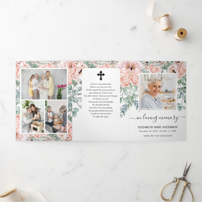 Gedenkfeier Pink Peony Watercolor Blumenbeerdigung Dreifach-gefaltete Programmkarte (Außenbereich)