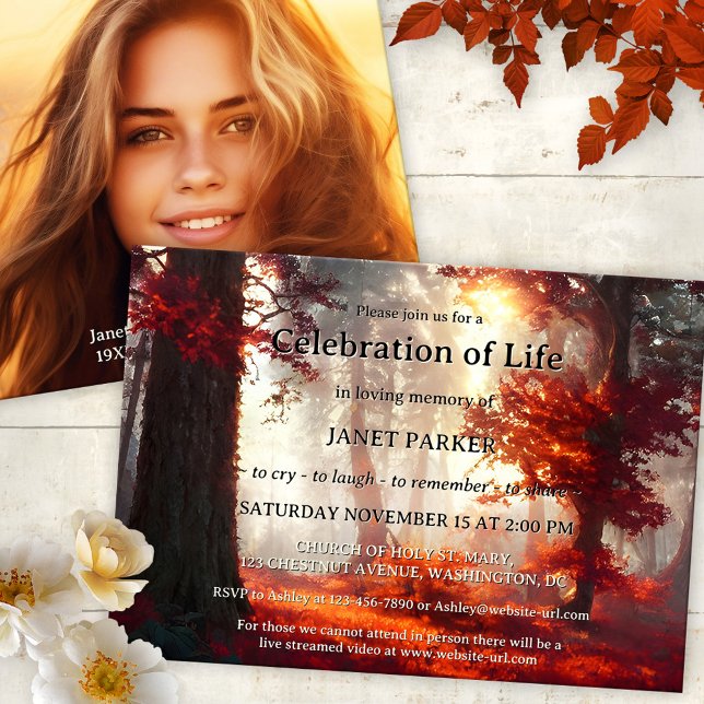 Gedenkfeier zum Foto des Lebens im Herbst Einladung (Magical memorial or celebration of life service invitation featuring a sunlit colorful fall forest)
