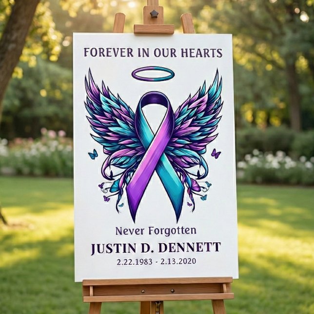 Gedenkfeier zur Suizidprävention Willkommensschild Poster (Suicide Prevention awareness teal purple ribbon and  angel wings)