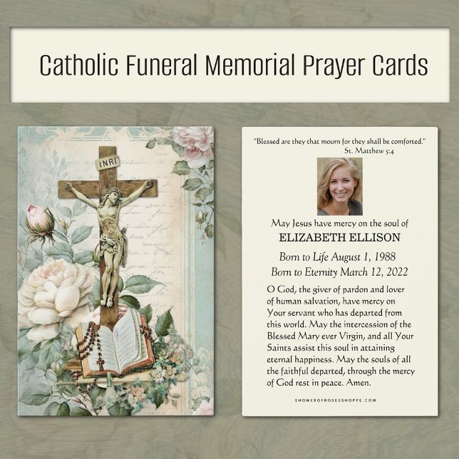 Gedenkkarte für katholische Beerdigung (Vintage Catholic Funeral Memorial Prayer Cards with Crucified and Roses)
