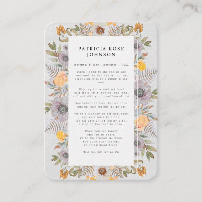 Gedenkkarte für rustikales Foto Beileid Beerdigung Visitenkarte (Vorderseite)