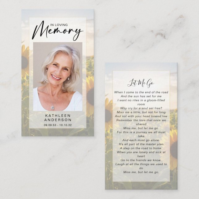 Gedenkkarte | Sonnenblumen Telefonnummerkarte (Vorne/Hinten)