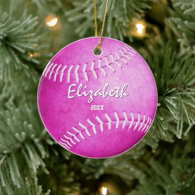 Gedenkmädchen spielen heiß rosa Softball Keramik Ornament (Baum)