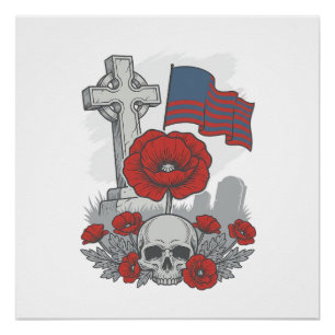 Gedenkmohnflaggenkreuz Vintage Gravur Vektor Poster