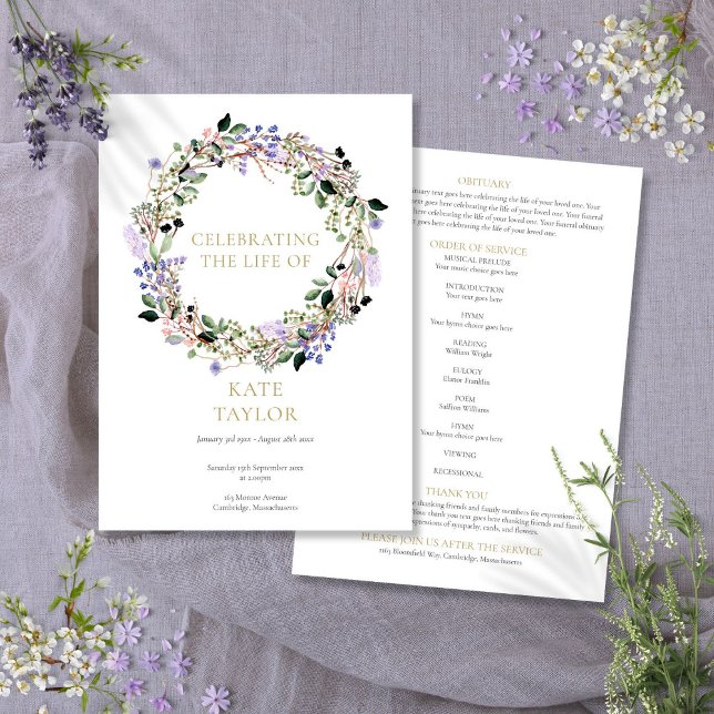 Gedenkorden zur Beerdigung der Lavendel Programm (Lavender Floral Funeral Memorial Order Of Service Program)