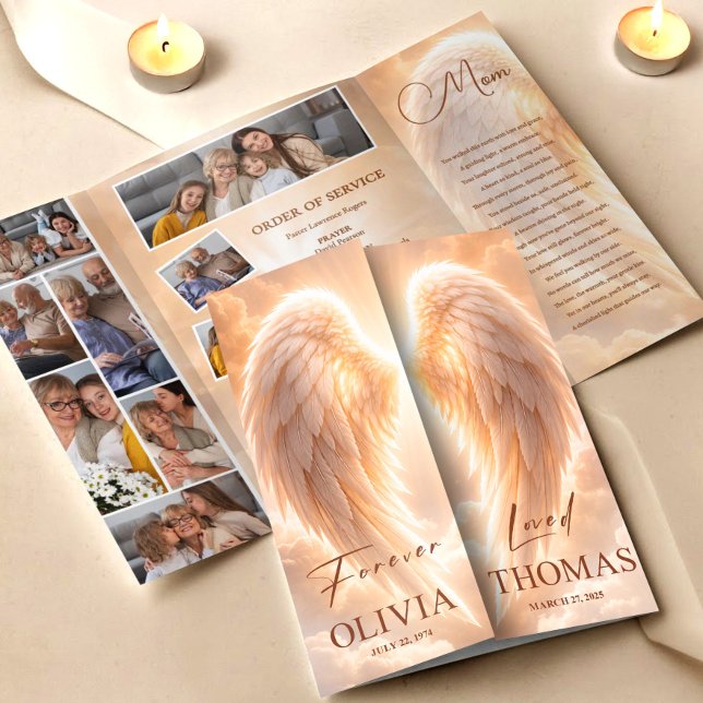 Gedenkprogramm Orange Engel Flügel Nachruf Flyer (Funeral Program Orange Angel Wings Obituary Template Flyer, Funeral Memorial, Loss of Mother)