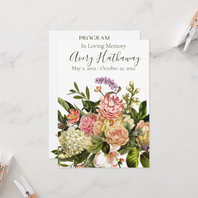 Gedenkprogramm zur Beerdigung durch die Blüte Einladung (Vorderseite/Rückseite Beispiel)