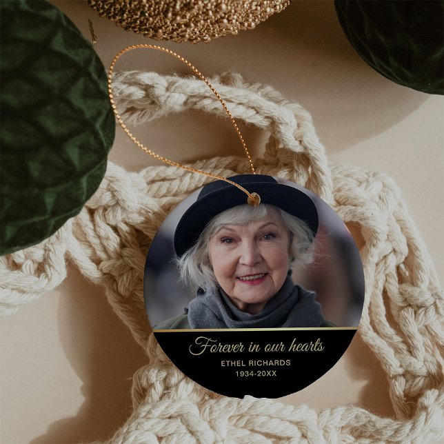 Gedenkstätte für Beileid in der Erinnerung | Zwei  Keramik Ornament (An elegant, modern black and gold keepsake memorial ornament with a photo of your loved one)
