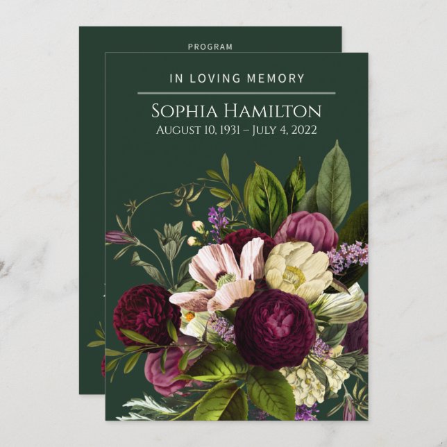 Gedenkstätte für grüne Lila Blumenbeerdigung Einladung (Vorne/Hinten)