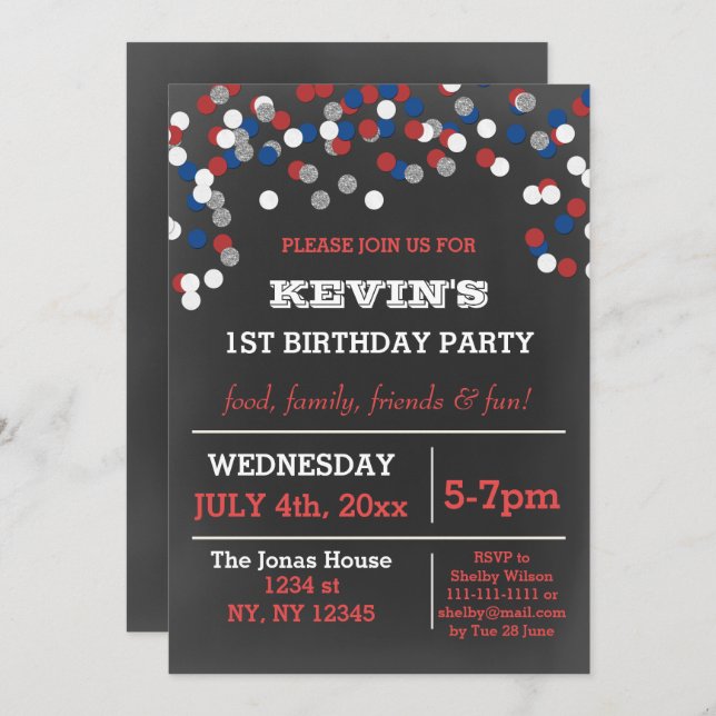 Gedenktag des Red White Blue Confetti Geburtstag Einladung (Vorne/Hinten)